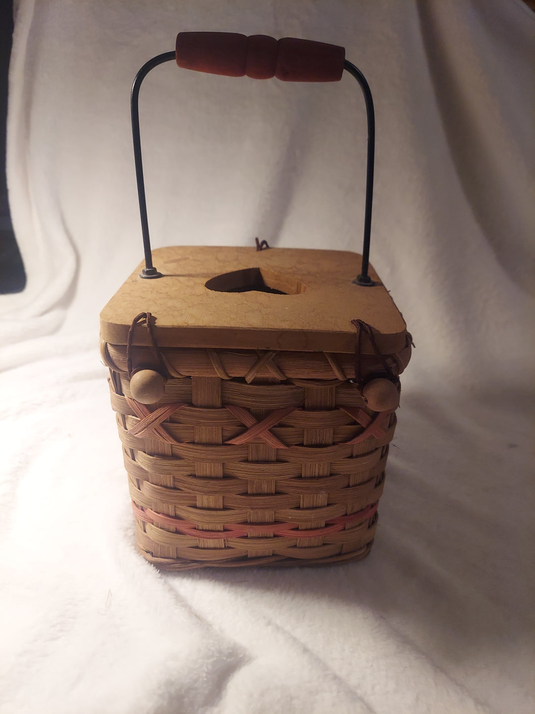 Vintage wicker tissue box with wooden lid and red accents