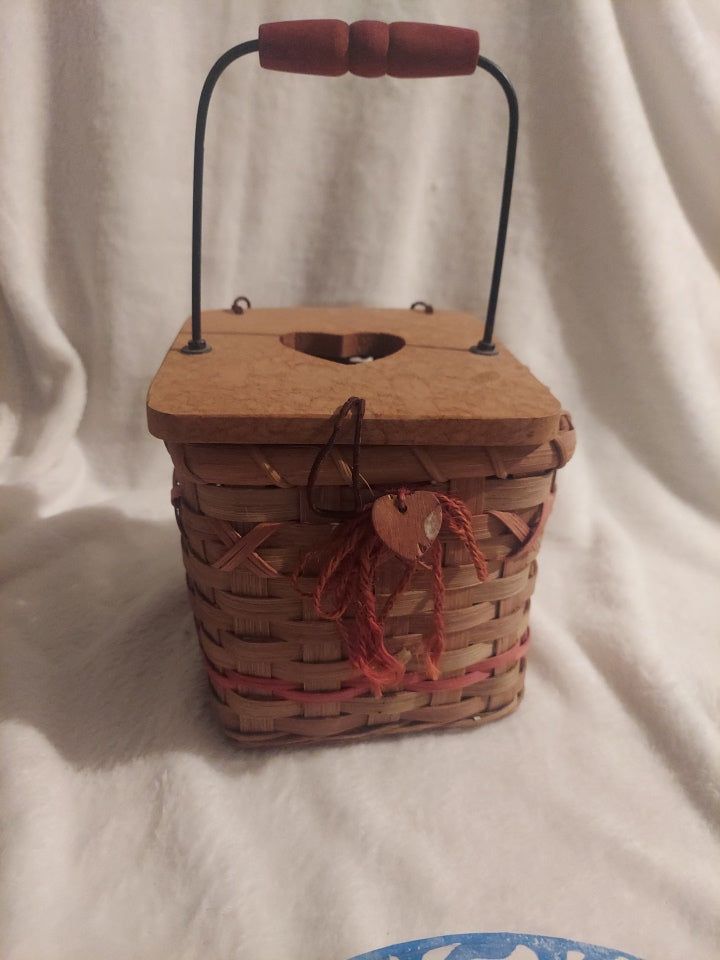 Vintage wicker tissue box with wooden lid and red accents
